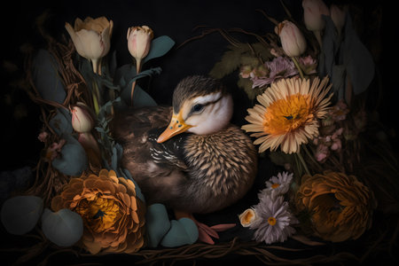Duckling and flowers in a basket on a black background.の素材