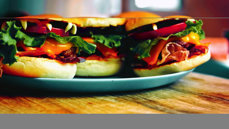 Sandwiches with bacon, tomato, cheese and lettuce on a plateの写真素材