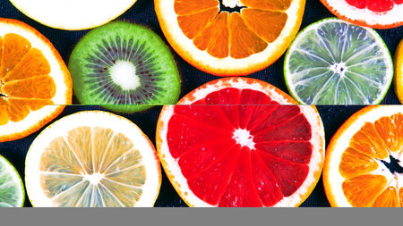 Citrus fruit background. Orange, lemon, grapefruit, kiwi