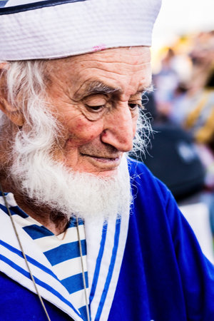 Tenerife, Spain - 09-02-2016: Tenerife Carnival - Old man disguised as a mariner or popeye. Close Upのeditorial素材