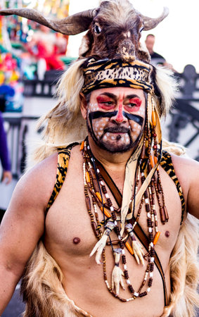 Tenerife, Spain - 09-02-2016: Tenerife Carnival - Man with a native canarian costumeのeditorial素材