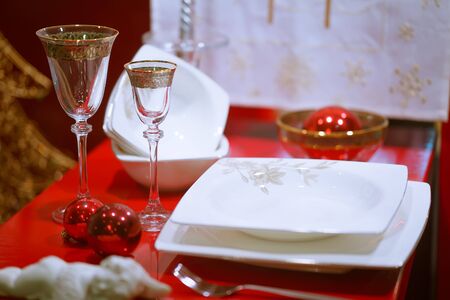 Table served for Christmas dinner, close up view