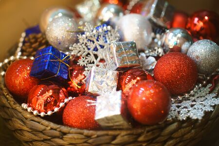 New Year, Christmas tree balls decorations, red and silver