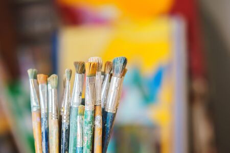 Paint Brushes isolated in colorful backgraund, closeupの写真素材