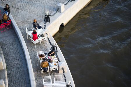 Moscow, Russia, 18 may 2017: people sit in cafes on the waterfront near Moscow river. view from the top.のeditorial素材