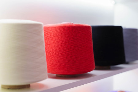 large group of bobbin thread cones on the shelfの写真素材