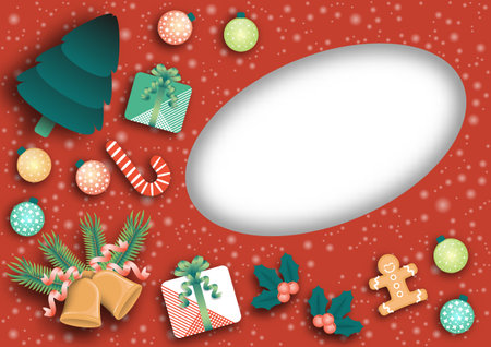 Frame and Christmas Decorations on a red background and snow, vector illustration. for flyers, posters, prints, decorations, cards, and graphics.のイラスト素材