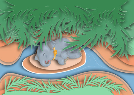 Baby elephant sleeping in the forest, paper style, for print and graphics. vector illustration. Argent base for website, print, wallpapers, business cards, banners, calendars, and graphics.のイラスト素材