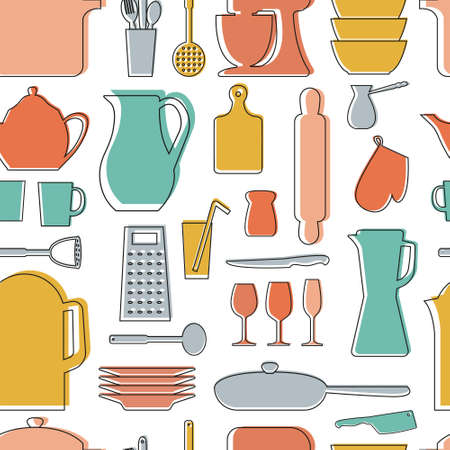 Seamless vector pattern. Kitchen background. Cooking utensils and kitchen tools. Seamless kitchen vector background with icons.のイラスト素材