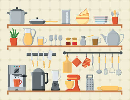 Vector flat style icons set of kitchen utensils and cooking. Card with kitchen shelves, cooking utensils and equipment.のイラスト素材