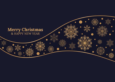 Merry Christmas and Happy New Year card with gold snowflakes on dark blue background.Vector Illustration. Merry Christmas card, poster, banner.のイラスト素材