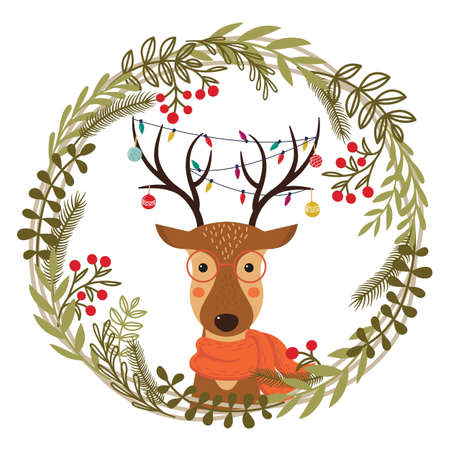 Christmas wreath with deer. Cute cartoon deer with Christmas toys, garlands on the horns and scarf. Merry Christmas. Happy new year. Vector illustration.のイラスト素材