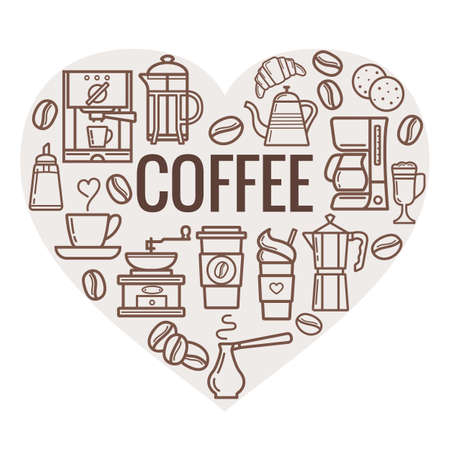 Coffee heart shape. Vector coffee elements and coffee accessories. Coffee icons.のイラスト素材