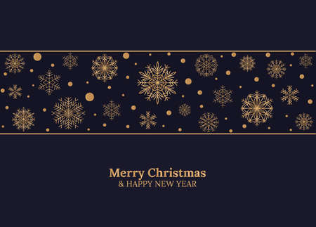 Merry Christmas and Happy New Year card with gold snowflakes on dark blue background. Vector Illustration. Merry Christmas card, poster, banner.のイラスト素材