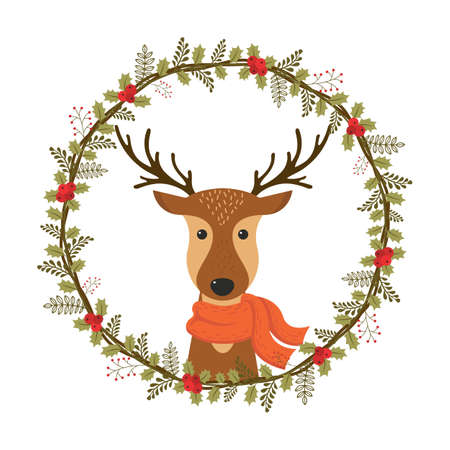 Christmas wreath with deer. Cute cartoon deer with scarf. Merry Christmas. Happy new year. Vector illustration.のイラスト素材
