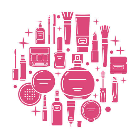 Makeup beauty circle banner with icons. Vector illustration for poster and banner, and other flat design web elements. Contains icons lipstick, mascara, nail polish, eyeshadow, perfume and more.のイラスト素材