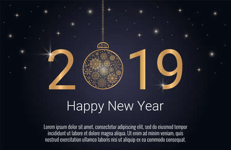2019 Happy New Year background with Christmas ball and gold snowflakes on dark blue background. Vector greeting illustration.のイラスト素材