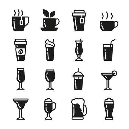 Drinks vector icons set black color. Contains icons cup of tea, coffee, glass for beer, wine, cocktail and alcohol.のイラスト素材