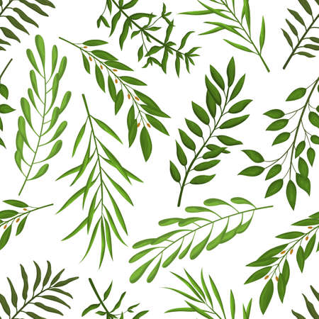 Seamless pattern with green leaves, tropical plants on a white background. Vector illustration.のイラスト素材