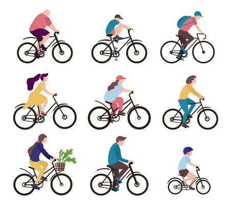 Group of people on bicycles. Male, female, kid persons riding different cycles. Vector flat style cartoon illustration.のイラスト素材