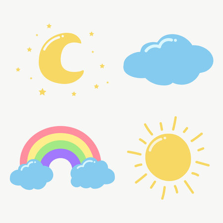 The collection of the sky hand drawn, moon with stars, cloud, sun, rainbow cute setのイラスト素材