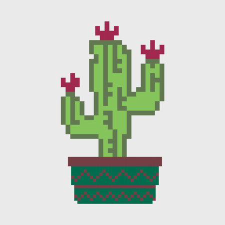 Mexican cactus and aloe pixel art. Desert spiny plant in the pot, Vector pixel art cactus flowerのイラスト素材