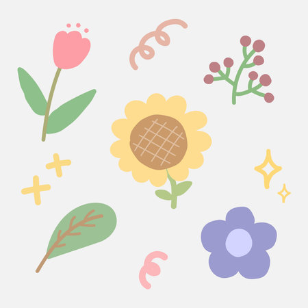 set of flower hand draw cute, Floral elements, leaf, tulip, sunflower, daisyのイラスト素材