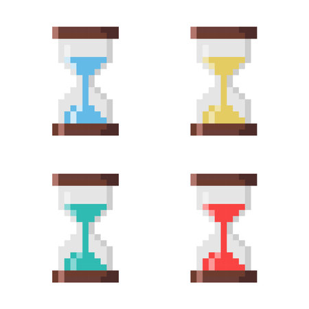 Hourglass pixel art icon. 8-bit. Isolated vector illustration, 8 bit sand clock symbol blue yellow red green sand.のイラスト素材