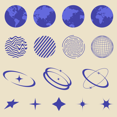 Y2k element, streetwear element for design t shirt, poster, Retro futuristic elements for design, globe, earth, star, abstract shapeのイラスト素材