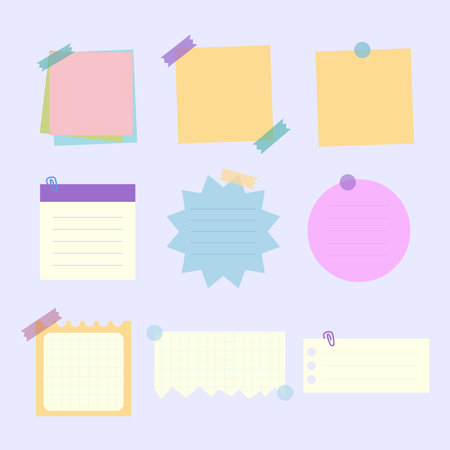 Colored sticky note set. Notepads with paperclip, sticky tape, set of sticky note and torn paper sheetsのイラスト素材