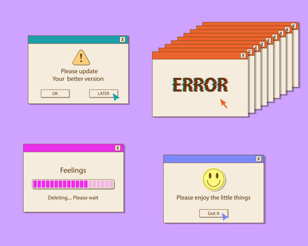 pop up pc widow 90s, y2k windows on computer pc desktop retro screenのイラスト素材