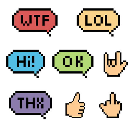 Pixel Speech Bubbles Words and hand sign, pixelated speech bubble set