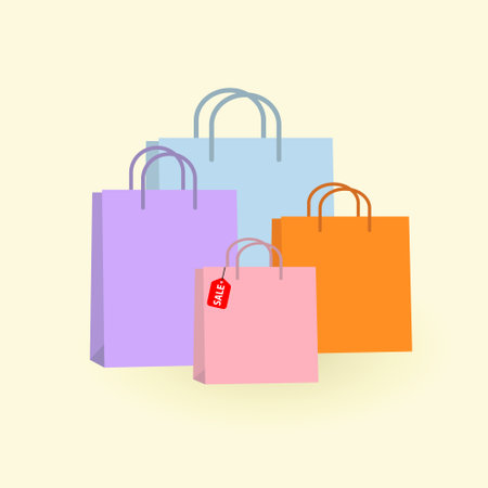 Shopping paper bag vector illustration, package for purchases for an online store on a yellow backgroundのイラスト素材