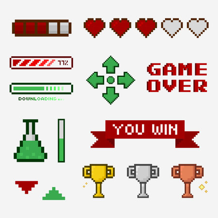 Set of Pixel game elements, 8bit pixel game iconのイラスト素材