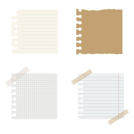Torn paper notepad page strips with tape, rip blank notes and papersのイラスト素材