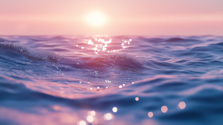 Gentle ocean waves roll under a pastel sunset sky, with the sun's reflection shimmering on the water's surface.の素材