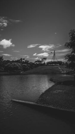 Black and white landscape picture of Ipanema Park located in Ipatinga, Minas Gerais, Brazil.の写真素材