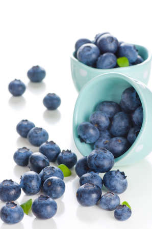 fresh bilberries in a bowl on white backgroundの写真素材