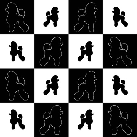 dog breed poodle on black and white squares and cells . it seems like chess board. all objects are isolated and you can move they. Dog breed vector black silhouette. Dog breed black icons isolated on white background. Dog breed black vector icon illustratのイラスト素材