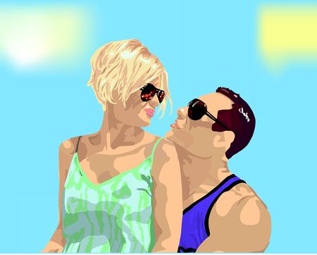 Blonde sitting on a brunette lap and want to kiss himのイラスト素材