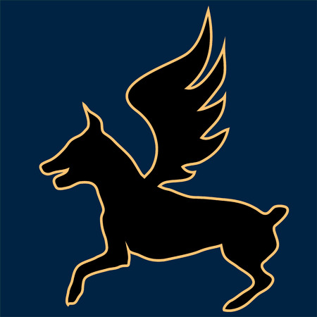 Black and gold outline of a flying dog isolatedのイラスト素材
