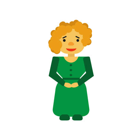 The curly blonde in a green dress and shoes stands and smiles timidly.のイラスト素材