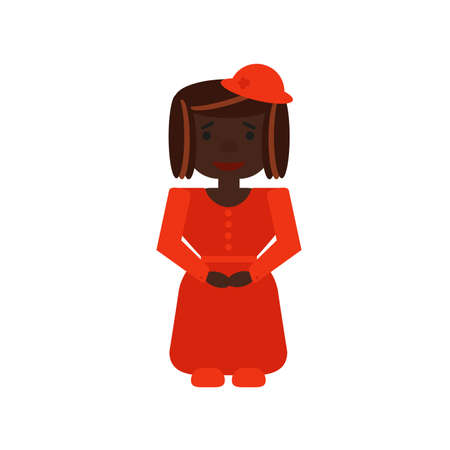 A dark-skinned woman in a red dress, red shoes and a red hat stands and smiles.のイラスト素材