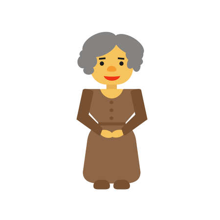 A woman with gray hair in a brown dress with buttons and a belt in brown shoes stands and smiles. Grandma in a beige dress is happy and expresses kind emotions. Women's eyes and smile. The flat character is isolated on a white background. Vector illustration.のイラスト素材