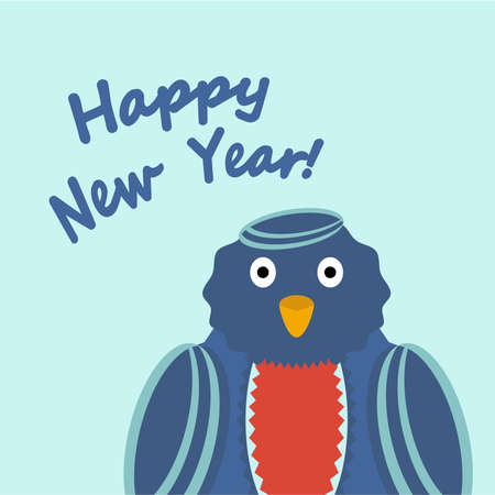 Happy New Year bright, colorful greeting card with a blue bird snowman and greeting text.のイラスト素材