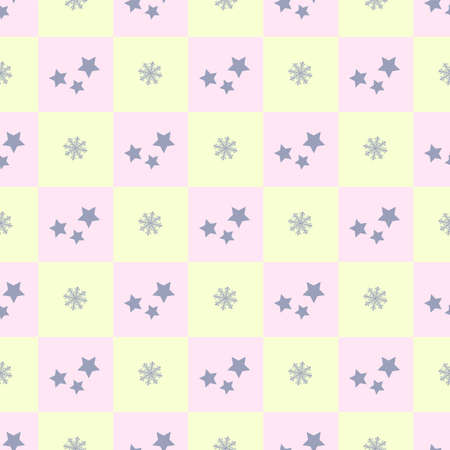 New Years winter geometric pattern with squares, stars and snowflakes in pink and lilac colorsのイラスト素材