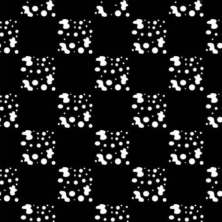 Monochrome geometric chess ornament with white abstract elements and rounds on black background. Abstract mosaic patternのイラスト素材