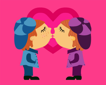 Bisexual greeting card. Happy Valentines day card with two gay men or girl kissing.のイラスト素材