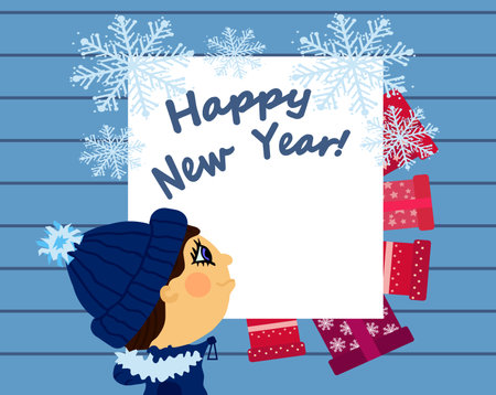 Winter cartoon card with guy in blue knitted hat, jacket with fur and frame with text Happy New Year and gift boxesのイラスト素材