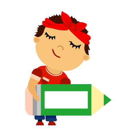 Happy boy with green pencil with frame for textのイラスト素材